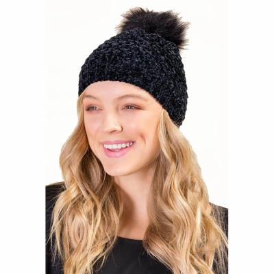 China COMMON Newcomer Chenille Subtle Shiny Black Yarn With Fur Pom Pom Knitted Beanie Hat For Women for sale