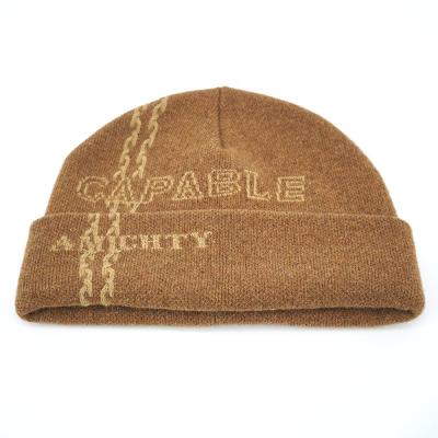 China JACQUARD JOINT Stylish Logo Customize Pattern Camel Knitted Wool Acrylic Mens Winter Beanie Hat for sale