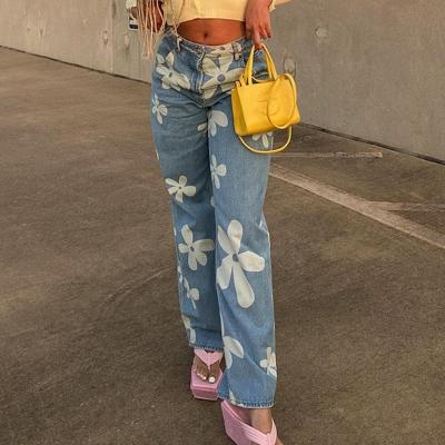 China Trendy street wear anti-pilling printed pants for women contrast color high waist straight leg jeans for sale