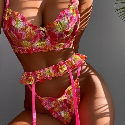 China High Quality Spandex/Polyester Ladies Sexy Women Underwear Lace Up Floral Embroidery See Mesh Lingerie for sale