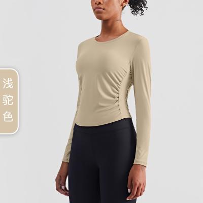 China Breathable High Quality Custom Sport Running Clothing Nude Summer Pleated Womens High Elastic Long Sleeve Yoga Tight Top for sale