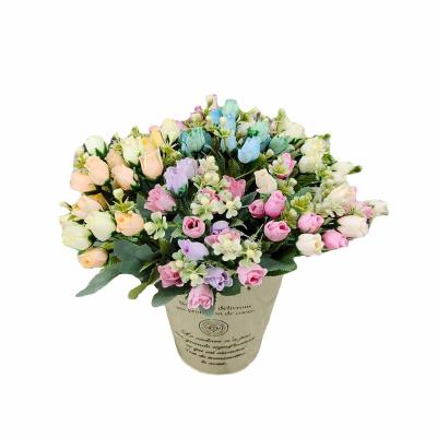 China Wedding Artificial Flower Mini Rose 15 Buds Wedding Decoration Fakeflowers Home Decoration Pile for sale