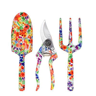 China Carry Girls Gift Aluminum Alloy Easy Printing Garden Three Piece Set Flower Stainless Steel Garden Tool Kit for sale