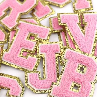 China Wholesale Diy Towel Embroidery Alphabet Initial Glitter Uni Letter Patches Iron On Colorful Chenille Iron Letters Patches for sale