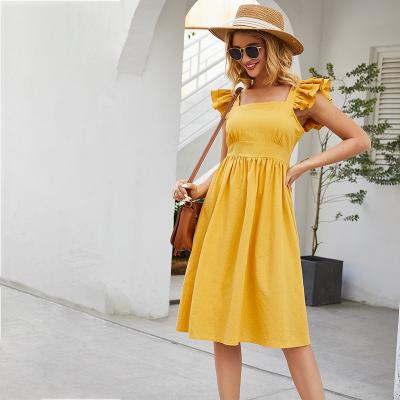 China 2021 Summer Women Breathable Casual Cute Tie Back Ruffle Tie A Line Fit And Flare Flowy Short Dress for sale