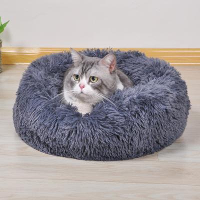 China Travel Long Plush Fluffy Pet Bed For Cat Puppy Donut Soothing Bed Anti Slip Dot Bottom Around Cat Be for sale