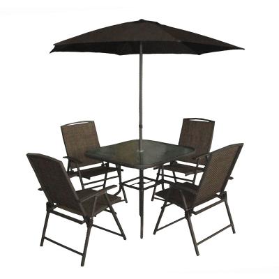 China Dining Time Outdoor Furniture Outdoor Patio Garden 6pcs Folding Table 4 Folding Chairs With Umbrella Set for sale