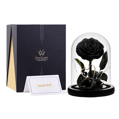 China Preserved Flower Real Natural Black Real Touch Natural Rose In Glass Dome With Led For Christmas Day for sale