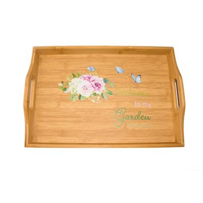 China Interesting Bamboo Printing Kitchenware Serving Tray For Food And Storage Dish With Handle for sale