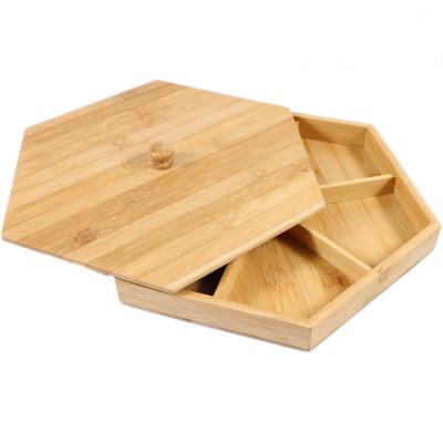 China Bamboo Kitchen Tableware Decoration Snack Tray Dessert Dish 6 Compartments Food Storage Organizer With Lid for sale