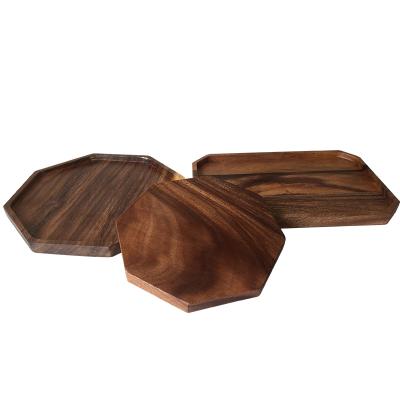 China Chinese Style Acacia Flat Base Wooden Tray Living Room Snack Dish Tea Dish Restaurant Wooden Octagonal Dish for sale