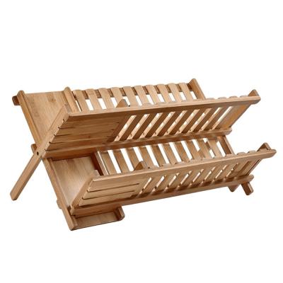 China Sustainable Bamboo Dish Rack Drying Countertop 2 Row Bamboo Folding Dish Rack Wooden Utensil Dryer for sale