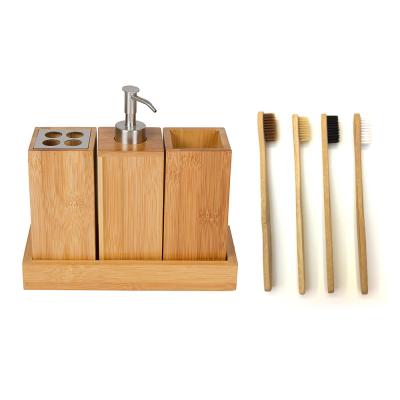 China Viable Wholesale Bamboo Bath Accessory Set Cart Include Pump Soap Dispenser Toothbrush Holder and Storage Cup and 4 Bamboo Brushes for sale