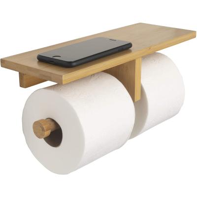 China Modern Eco-Friendly Double Wall Hanging Wall Mount Natural Bamboo Toilet Paper Holder With Convenience Shelf Tray For Toilet Paper Phone for sale