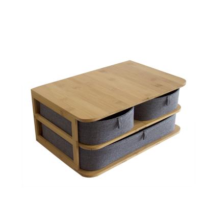 China Sustainable Hot Selling Bamboo Jewelry Bin Cosmetic Organizer Storage Box With Cloth Drawers for sale