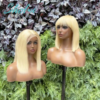 China Silky Straight Wave 180% Density 613 Blonde 4x4 Closure Wig With Bang Hair Dark Blonde, Brown And Blonde Lace Wigs for sale