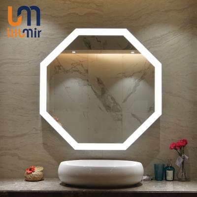 China Aluminum Frameless Hexagon Led Intelligent Natural Warm Wall Mounted Smart Anti-fog Touch Screen Bathroom Mirror for sale