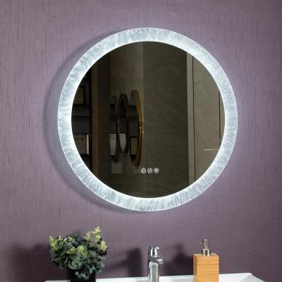 China Smart Private Label Round LED Lighted Mirror with Clock and Ice Flower Frosted Mirror for sale