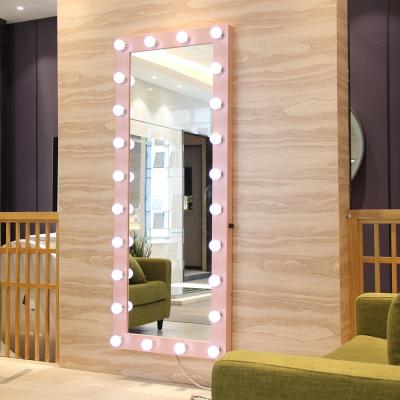 China Single Sided Pink Metal Framed Full Length Hollywood Mirror with LED Bulbs for sale