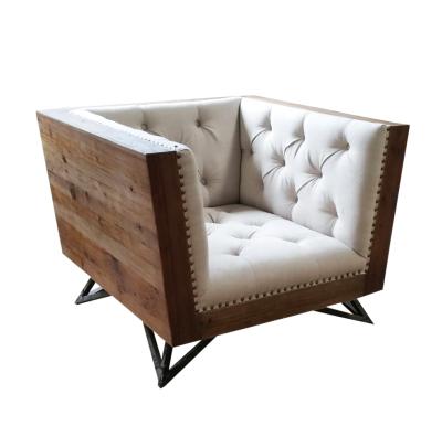 China Modern wood tufted nailhead upholstered armchair with stable iron frame legs for sale