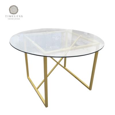 China Modern tempered glass GLASS kitchen round dining tables with gold steel legs for sale