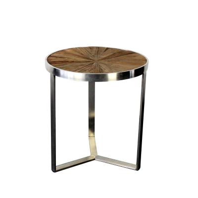 China Coffee table round elm wood radial top, 3 stainless steel legs side end tables for sale