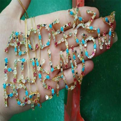 China Hiphop 18K Gold Trend Color Pin Letter Pendant Jewelry Blue Zircon Stone AAA Zircon Necklace for sale