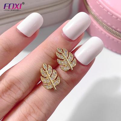 China Trendy Jewelry Zircon Fashion Small CZ Leaf Stud Earring For Women Girls for sale