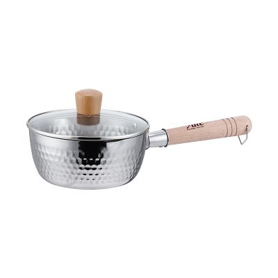 China Hot Selling Japanese Style Stainless Steel Non-stick Sustainable Cookware 304 Stainless Steel Pan Milk Pot Soup With Wooden Handle And Glass Lid for sale