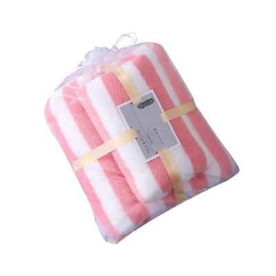 China High Quality Extra Soft Custom Logo Kid Friendly Cationic Coral Fleece Stripe Towel Wide Bath Towel Set For Home Adult/Kids for sale