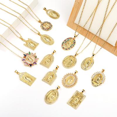 China Letter 18k Gold Plated Micro Chain Necklaces Insert Zircon Virgin Mary Pendant Necklaces For Women Jewelry for sale