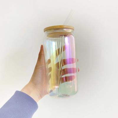 China New Arrival RTS High Quality 12oz 16oz Clear Beer Shaped Rainbow Glitter Sublimation Iridescent Glass Can With Lid And Bamboo Straw for sale