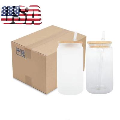 China High Quality Warehouse 12oz 16oz Blank Sublimation Clear Glass USA Beer Frosted Glass Can With Lid And Bamboo Straw For DIY for sale