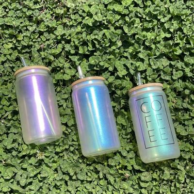 China Factory new high quality style iridescent beer shaped 16oz glitter sublimation glass canister with bamboo lid and straw for sale