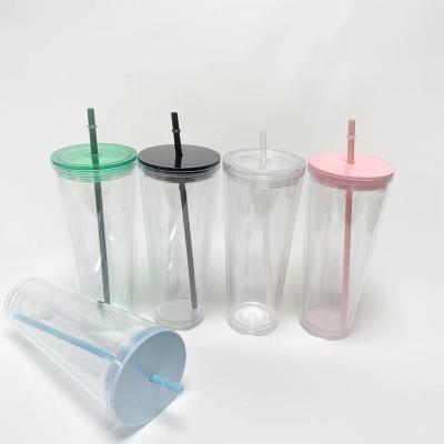 China Stored High Quality Double Wall 16oz 24oz Clear Clear Reusable Plastic Venti Cup Insulated Acrylic Double Tumbler With Straw And Lid for sale