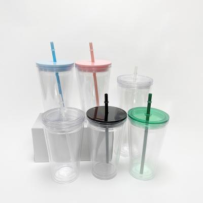 China Pastel Colored Plastic Acrylic Tumbler Free Stored Amazon BPA Clear Transparent Reusable Double Cup Wall With Straw for sale