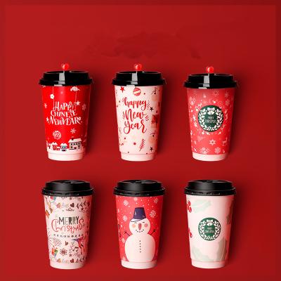 China High quality double layer paper disposable coffee 500ml drink Christmas new year milk tea paper cup with covers for sale