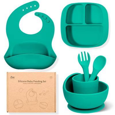 China Hot Selling Sustainable Amazon Food Grade BPA Free Silicone Baby Feeding Dishes Set For Dish Bowl Bib&spoon Fork Cup 6 Piece Set for sale