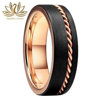 China Tungsten Ring Brushed Black Tungsten Engagement Rings 8mm Center Fluted Gold Chain Loop Inlay Brushed Polished Edge for sale