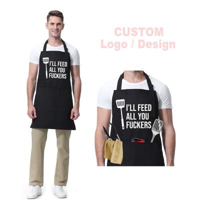 China Custom Chef Apron Kitchen Drinks/Food Logo With Three Tool Pocket Cooking BBQ Grill Apron Adjustable Neck Strap For Women Men for sale