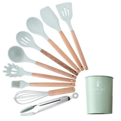 China Sustainable Kitchen Battery Set 12 PCS Silicone Wooden Handle Spoons For Cooking Tongs Spatula Spoon For Nonstick Cookware for sale