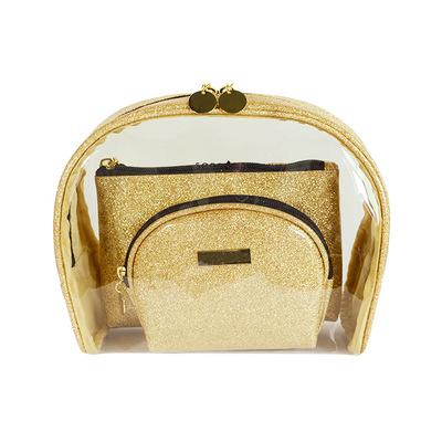 China Used For Custom Clear Cosmetic Packaging Pouch Cosmetic Bag Logo Gold Glitter Pu Leather Clear PVC 3 Pieces Set Cosmetic Makeup Bag Sets for sale