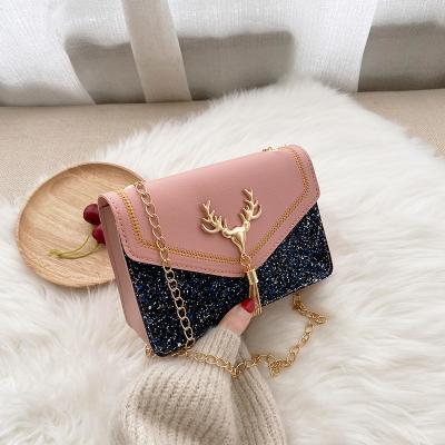 China Rts Wholesale PU Sequin Handbag Glitter Sling Clutch Deer Tassel Chain Shoulder Bags Ladies Small Purses and Handbags for Women for sale