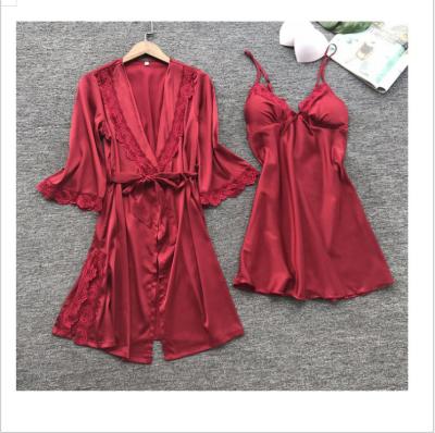 China Hot Sale QUICK DRY TWO Piece Sets Lace Up Silk Satin Pajamas Loungwear Flower Nightwear Women Summer Homewear Bridal Robe Bathrobe Set for sale