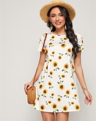 China Custom Anti-Wrinkle Sunflower Print Tee Dress Beaded Casual Tank Top Women Hip Hop T-shirt Dresses for sale