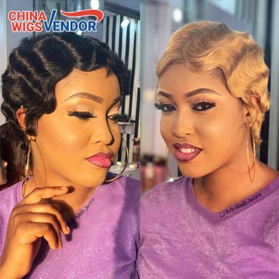 China Cheap Deep Wave 13x4 Lace Wig Pixie Cut Curly Wig Headband, Bleached Knots Short Brazilian Wig, Hd Lace Hair Wig For Black Women for sale