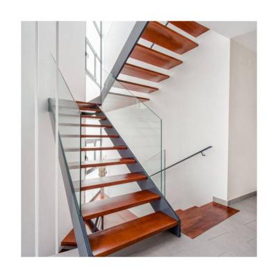 China Modern Double Beam Home Use Steel Wood U Shape Straight Staircase / Glass Staircase for sale