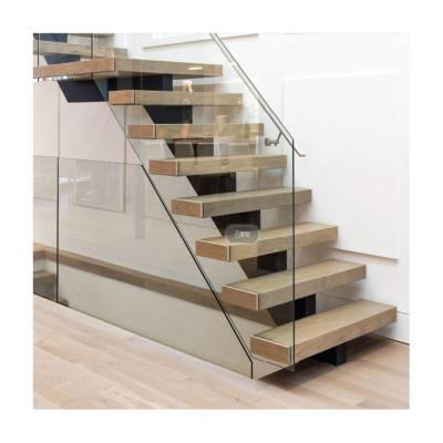 China Modern straight staircase with wooden oak stair treads and glass stair railing for sale