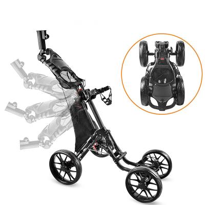 China Aluminum+Plastic Foldable 4 Wheel Golf Push Cart Golf Trolley With Foot Brake Umbrella Stand Drink Holder for sale