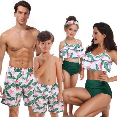 China Parent-child breathable swimwear two pieces leaf printed one shoulder monokini mom dad and me swimwear for sale